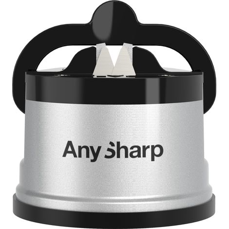 AnySharp Affilacoltelli, Sicurezza Mani Libere, Potente Suzione PowerGrip, Affila Sicuramente Tutti i Coltelli da Cucina, Ideale per Acciaio Temperato e Dentati, Il Migliore del Mondo, Argento (1/4)