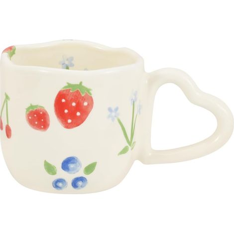 Tasse à café en céramique - tasse imprimée innovante - anse en forme de cœur - convient pour le bureau et la maison - 250 ml - convient pour le thé latte (fraise et fleurs bleues) (1/5)