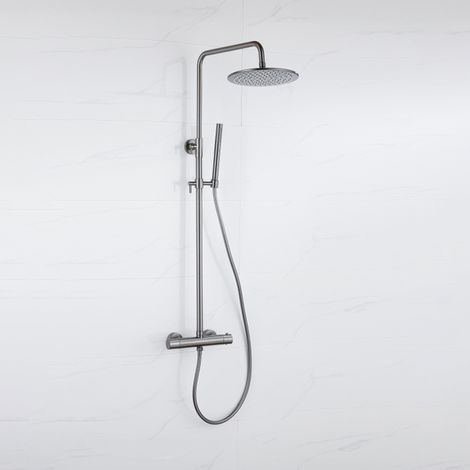 FugaFlow Eccelente Ensemble de douche de tête - thermostatique - douche de tête 25cm - flexible lisse - douchette à barre - Gunmetal PVD brossé