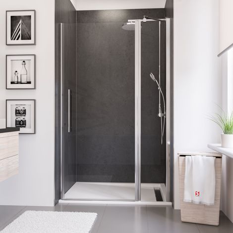 Porte de douche pivotante sur paroi fixe, verre transparent anticalcaire, NewStyle Schulte, profilé mural aspect chromé, 120 x 192 cm