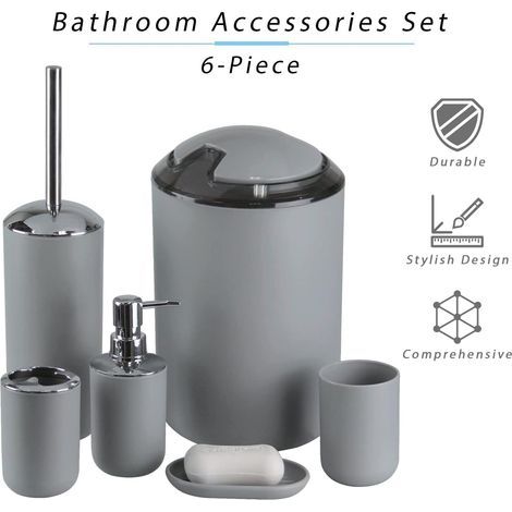 Badezimmer Accessoires Set 6-teilig, Plastik/Kunststoff - Inkl. Seifenspender, Zahnbürstenhalter, WC-Bürstenhalter, Mülleimer - Grau für Einheitliches Design