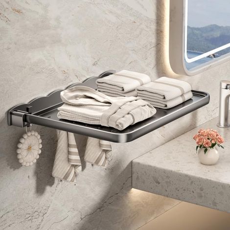 Bardusch - Étagère murale pliante pour salle de bain, étagère pliable moderne en aluminium à 6 étagères, 15,7"L x 12,4"l x 4"H, fixée au mur, pour salle de bain (1/5)
