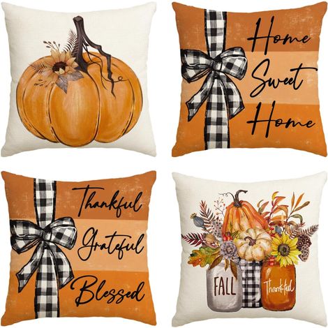 Lot de 4 taies d'oreiller 45x45 cm à motifs de citrouilles d'automne - Canapé décoré de fleurs orange, décoration chaleureuse et symboles de gratitude (1/5)