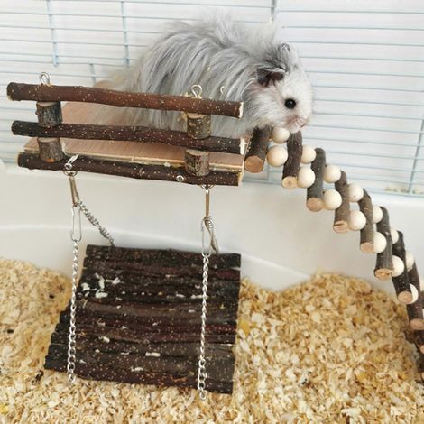 Plateforme de jeu en bois pour hamster avec échelle, balançoire et jouet à mâcher pour rat et gerbille (1/4)