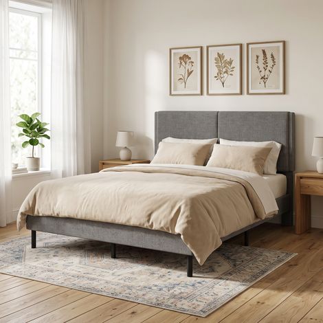 Cadre lit 140x190 cm sommier tête réglable rembourré lin rangement gris. Cadre lit confortable pour une chambre moderne, élégant et fonctionnel. (1/5)