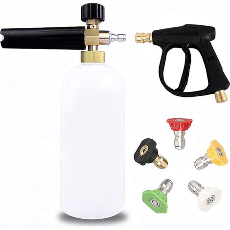 Hochdruck-Schaumkanonenpistole, 1 Liter verstellbar, 1/4 verstellbar, Schneeschaumlanze, Seifenspenderflasche mit 5 Düsen und Schaumpistole für Autowäsche