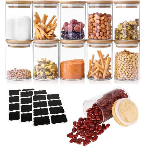 12pcs Pots à Épices en Verre, 300ml Bocaux en Verre Epices avec Couvercle Bois, Pot de Conservation en Verre pour Epices, Café, Thé, Biscuits (250ml) (1/5)