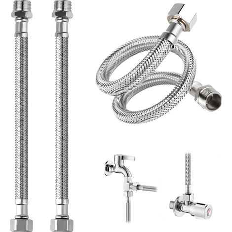 Lot de 2 tuyaux flexibles 3/8" 60 cm : 30 + 30 cm, en acier inoxydable 304, avec raccord / filetage extérieur, flexibles pour robinet, vanne d'angle, réservoir de chasse d'eau, eau potable (1/5)