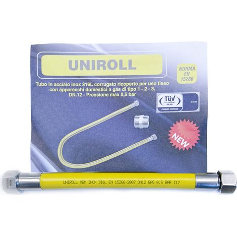 Tubo flessibile gas 0,5 mt - 1/2" DN12 mm. FF inox a norma EN 15266 per piano cottura/cucina UNIROLL