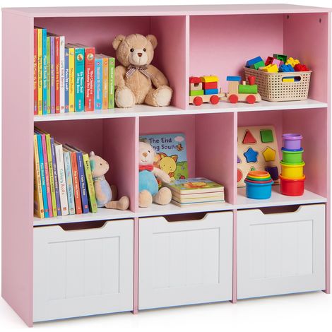 Bibliothèque Enfant avec 5 Cubes et 3 Tiroirs Roulants Amovibles, pour Jouets et Livres, pour Chambre d’Enfant, Salle de Jeux, 100 x 33 x 90 cm, Rose (1/5)