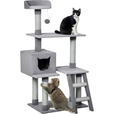 Arbre à chat plusieurs niveaux – Maisonnette, escaliers, plateformes – Poteaux corde jute – 60,5 x 40 x 124 cm – Gris