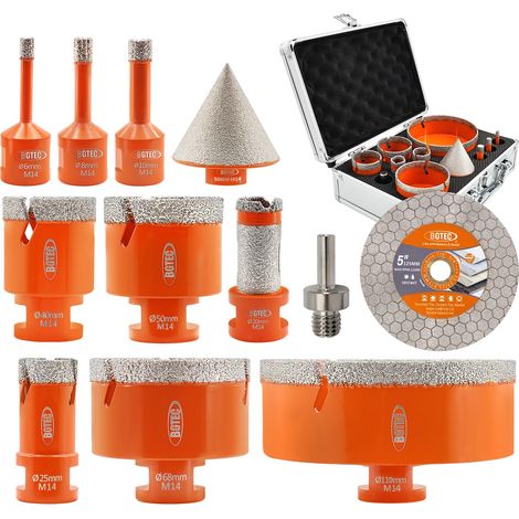 Foret Diamant Kit Trépan Carrelage - 11pcs(6/8/10/25/40/50/68/110MM+20mm Fraise Diamanté+35mm diamant foret chanfrein+125mm Disque Diamant) pour Porzellan, Keramik, Fliesen, Granit, Marmor (1/5)