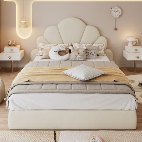 lit adulte double 140x200 velours tête fleur beige chic OKMYHOME (1/5)