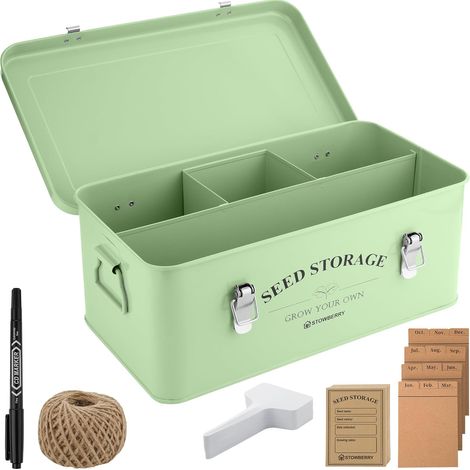 Boîte de Rangement pour Graines - Boîte à Graines Verte avec Couvercle, Poignées, 4 Compartiments - Boîte à Graines pour Jardiniers, Idée Cadeau avec Plus de 100 Accessoires (1/5)