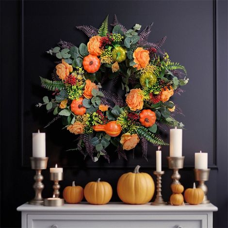 Guirlande Décorative - Pour Porte Intérieure Et Extérieure - Motif Citrouille Et Pivoine - Diamètre 30 cm - 1 Pièce (1/4)