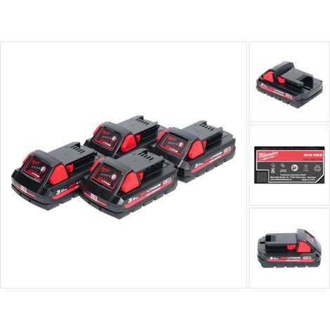 Milwaukee M18 HB3 High Output 4x 18 V 3,0 Ah / 3000 mAh Li-Ion Akku ( 4x 4932471069 ) mit Ladestandsanzeige