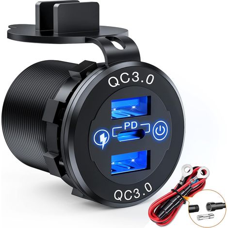 Kit de cableado con interruptor y fusible para toma USB doble PD tipo C y QC3.0 de 12 V y 24 V para automóviles, camiones, vehículos recreativos y autocaravanas. (1/5)