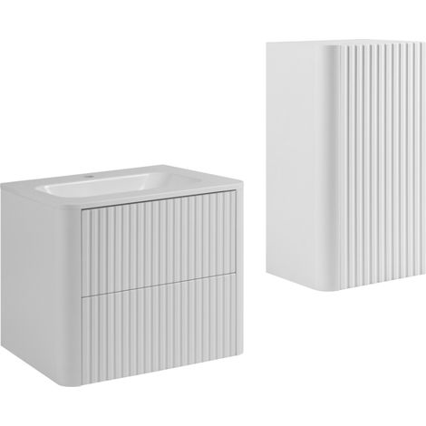 Ensemble de meubles de salle de bain, 2 tiroirs, 1 porte, fermeture douce, façades rainurées, Blanc, 60,3 x 43,7 x 48,4 cm (1/5)