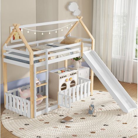 Letto a soppalco per bambini in legno massello e MDF bianco e naturale, 90x200 cm, con scivolo, scaletta e vano contenitore sotto il letto (1/5)