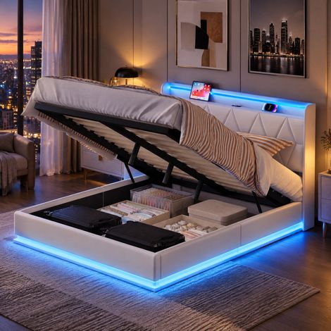 JOOKGBD–Letto contenitore 160x200 cm,letto matrimoniale imbottito in velluto con testiera a mensola,LED multicolori e porte USB,letto adolescente con rete a doghe e vano portaoggetti,bianco (1/5)
