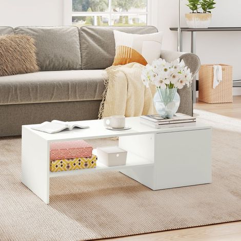 Table basse plateau coulissant - 110x52x36 cm - Table de salon avec compartiment caché et étagère en bois - Blanc (1/5)