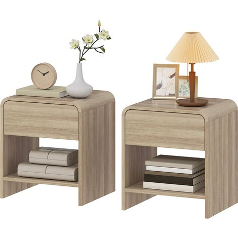 Ensemble de 2 tables de chevet nordiques aux angles arrondis, avec tiroir et étagère ouverte, 40 x 35 x 45 cm, couleur naturelle