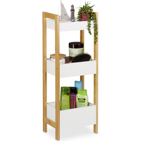Relaxdays Badregal mit 3 Körben, Standregal Bambus & MDF, HxBxT: 74,5 x 28 x 20 cm, freistehend, Küchenregal, natur/weiß