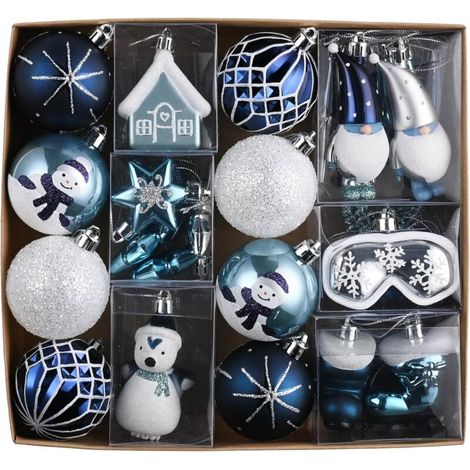 Boules de Noël décoratives bleu argenté, 40 pièces, incassables et personnalisables, pour sapin – chaussette gnome incluse