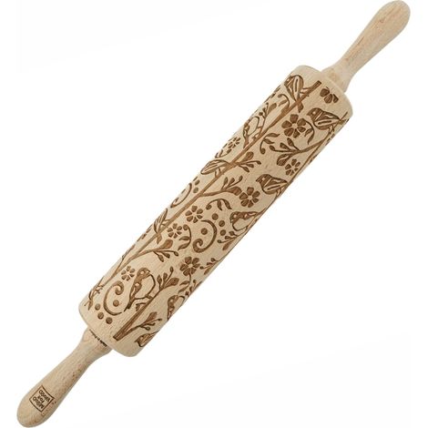 Rodillo de madera MoodForWood, grabado, 43 cm con asas, perfecto para hornear - Diseño de primavera (1/5)