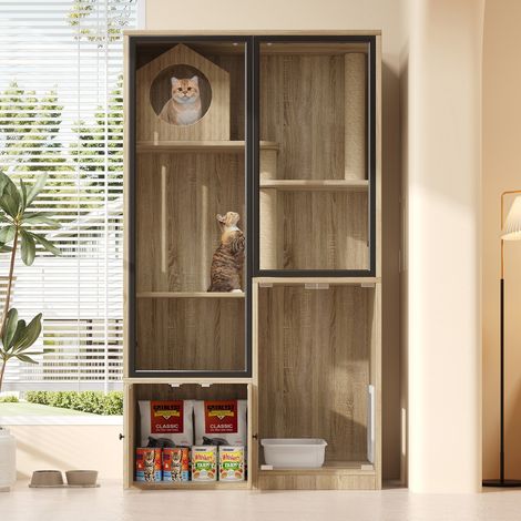 Maisonnette pour chat en bois, enclos et structure d'escalade, cage chinchilla avec porte fermable, 90x50x160 cm sans bac à litière, naturel (1/5)