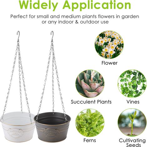 Seaux de jardinage en fer-blanc et pots à fleurs avec chaînes et cordes (1/5)