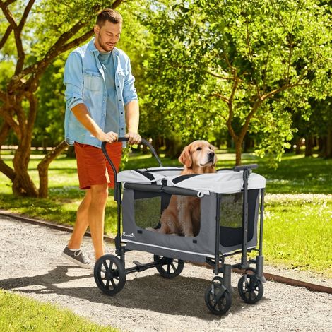 Chariot pour chien et chat pliable jusqu'à 30 kg, poussette pour animaux avec coussin, fenêtres en filet, 2 portes, sac de rangement, buggy gris foncé (1/5)