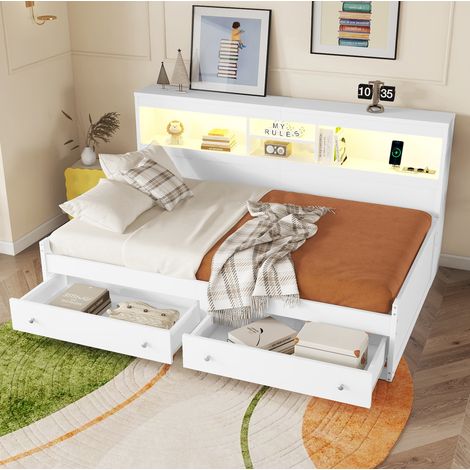DESVIAE Lit de jour 90 x 200 cm canapé lit avec éclairage LED d ambiance deux ports USB deux prises de charge deux tiroirs et rangements intégrés blanc (1/5)