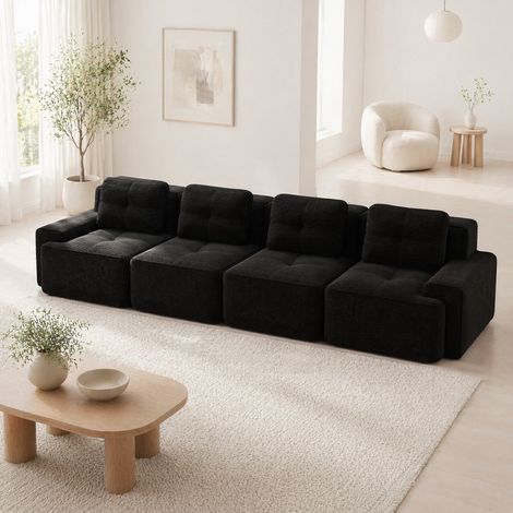 Divano modulare a 4 posti in velluto a coste nero, design basso, senza montaggio, per soggiorno (1/5)