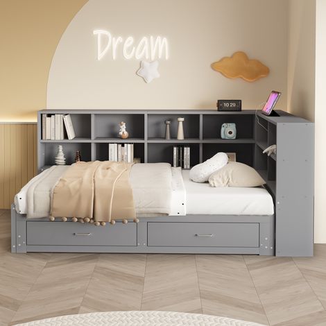 Canapé-lit en bois massif 90x190 cm, avec tiroir de rangement, prise EU intégrée, sommier à lattes, lit gigogne escamotable, gris, 2 couchages, meuble multifonctionnel (1/5)