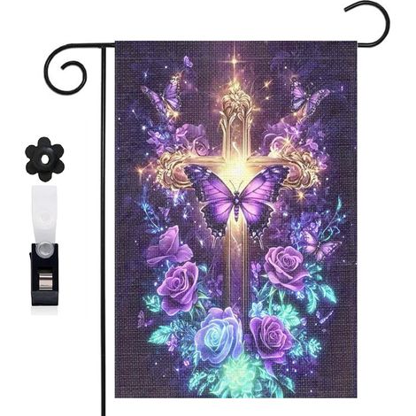 Drapeau de jardin style religieux et croix florale 30 x 45 cm décoration porche et entrée (1/5)