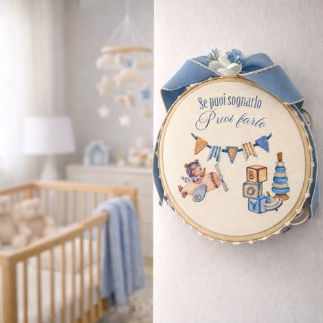 Tamburello Nascita "Se puoi sognarlo, puoi farlo" decorazione Made in Italy, da 13 cm Madame fiocco -Celeste (1/5)