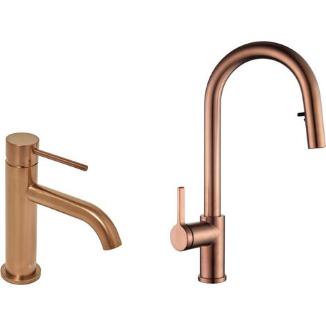 Aurum Set grifo monomando para lavabo + grifo monomando para cocina Ceramia Timeless de acero inoxidable, ducha extraíble, oro r (1/5)
