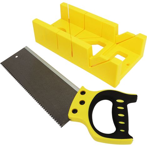 Scie à onglet manuelle avec guide oblique pour le travail du bois, boîte de rangement et système de serrage pour la coupe et le sciage en angle. (1/5)