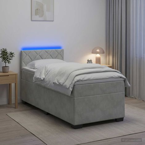 Cama con Base Tapizada, Colchón y Luz LED Gris Claro (1/5)