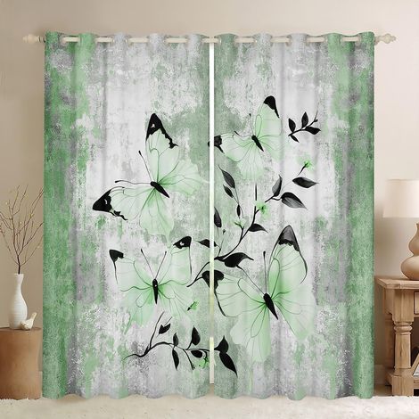 Rideau Occultant 140x260 cm Peinture À l'huile Abstraite, Rideau Ferme Rustique, Rideaux Voilage Papillon Aquarelle, Voilage Fenetre Vert Ombre pour Chambre Salon - 140L X 260H cm (2 Panneaux) (1/5)