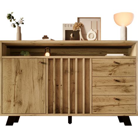 Buffet commode avec 3 tiroirs et 2 portes – Meuble de rangement avec niche ouverte et façade à lamelles style vintage pour salon, salle à manger, entrée et couloir, chêne foncé, 120 x 40 x 85 cm