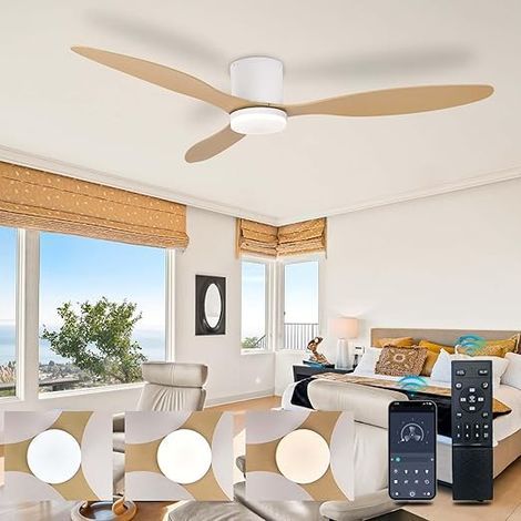 Ventilateur de plafond silencieux 24W avec éclairage LED – 6 vitesses – Télécommande – 3 températures de couleur – Moteur DC économique – Diamètre 65 cm