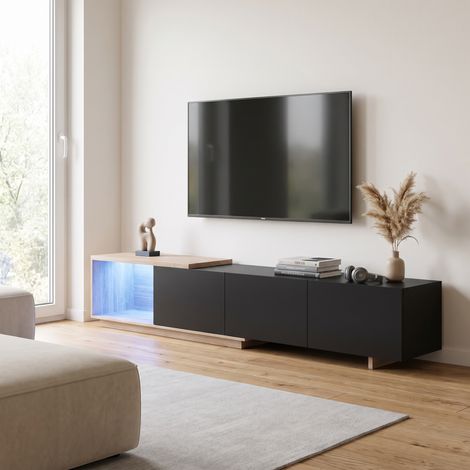 Meuble TV extensible 163-240 cm, avec LED et 3 tiroirs, en bois d'ingénierie, style moderne, Noir et Bois (1/5)