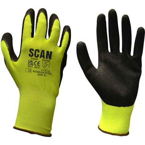 Scan Hi-Vis Yellow Foam Latex Coated Gloves - Medium Size 8 SCAGLOLATYM