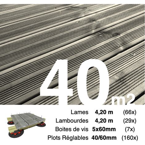 Kit complet terrasse Pin autoclave Gris pour 40 m² • Lames 4,2 m, lambourdes 4,2 m, plots réglables et visserie Inox • Livraison gratuite (1/3)