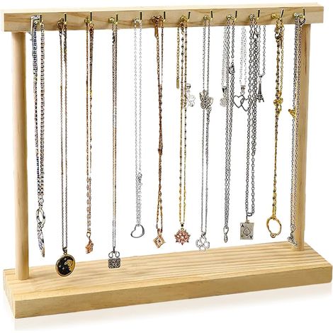 Support de chaîne en bois pour bijoux, support de bracelet portable avec 12 crochets pour chaînes et une base rectangulaire stable, pour ranger des chaînes de bijoux