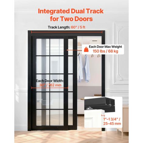 Kit de Quincaillerie pour Porte Coulissante Parallèle, Système Coulissant pour Porte de Placard Double Rails 152,4 cm en Alliage d'… (1/5)