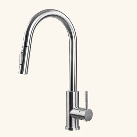 Robinet mitigeur cuisine inox massif – Douchette extractible double jets – Bec col de cygne – Hauteur sous bec 135mm – Normes Européennes 1111-817-1717 – Luisina (1/3)