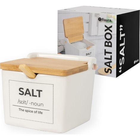Fisura – Saliera originale con coperchio “salt”. Barattolo quadrato in ceramica con cucchiaio e tappo in legno. Porta sale da cucina, zuccheriera o barattolo spezie. 10x10x9 cm (1/5)